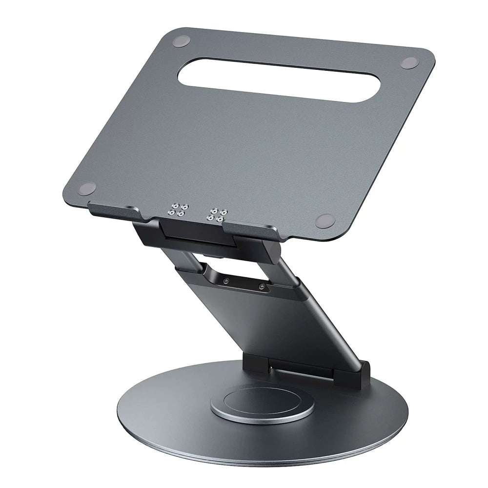 "Ergonomic black laptop stand for desk, foldable and portable aluminum notebook riser on a plain white background for professional workspace setup."