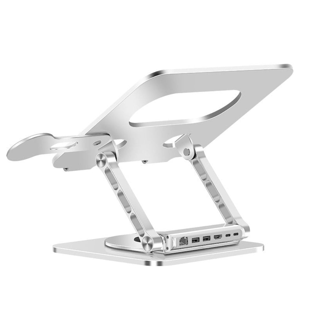 Silver laptop stand with multiple ports on a white background