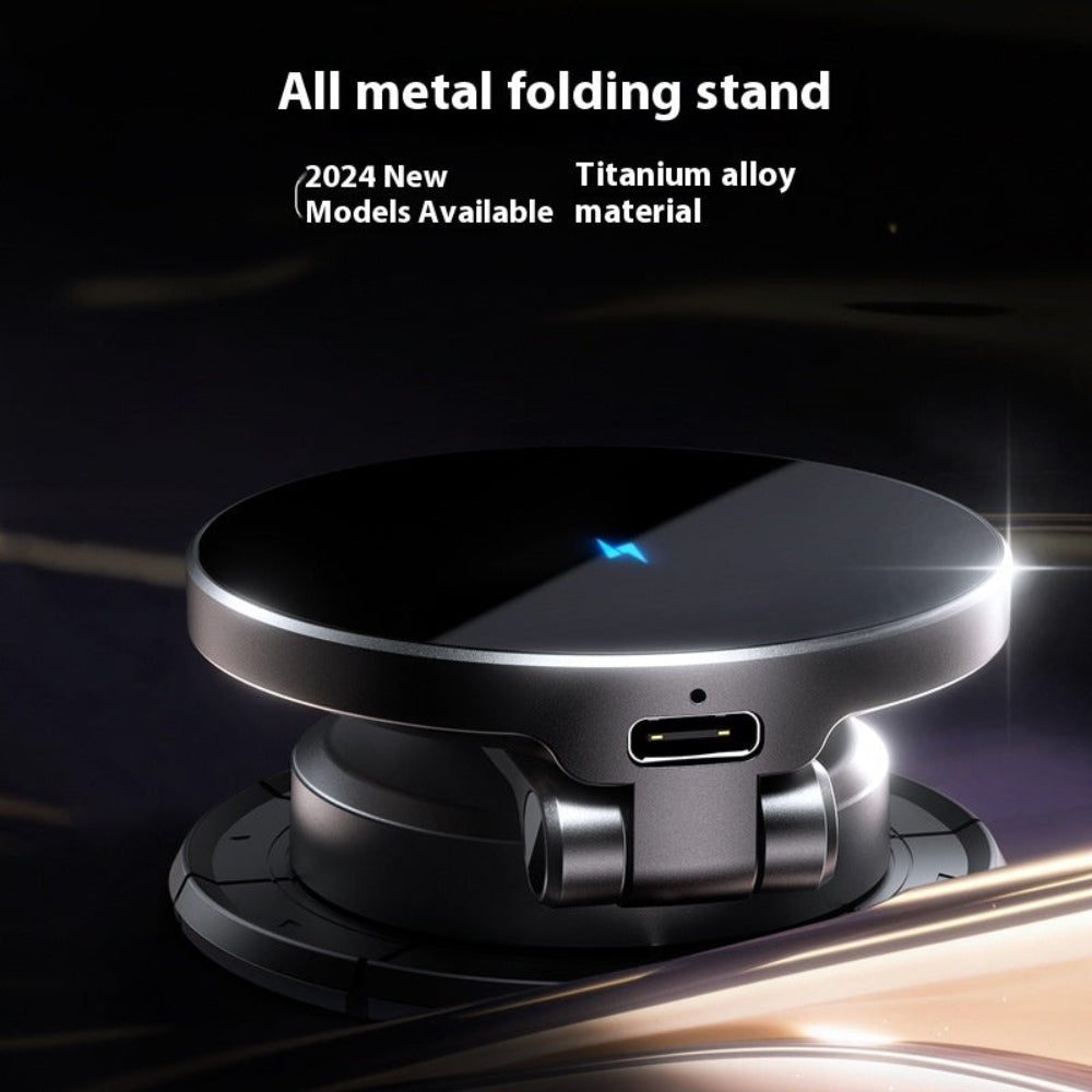 Metallic folding stand with charging port on a dark background