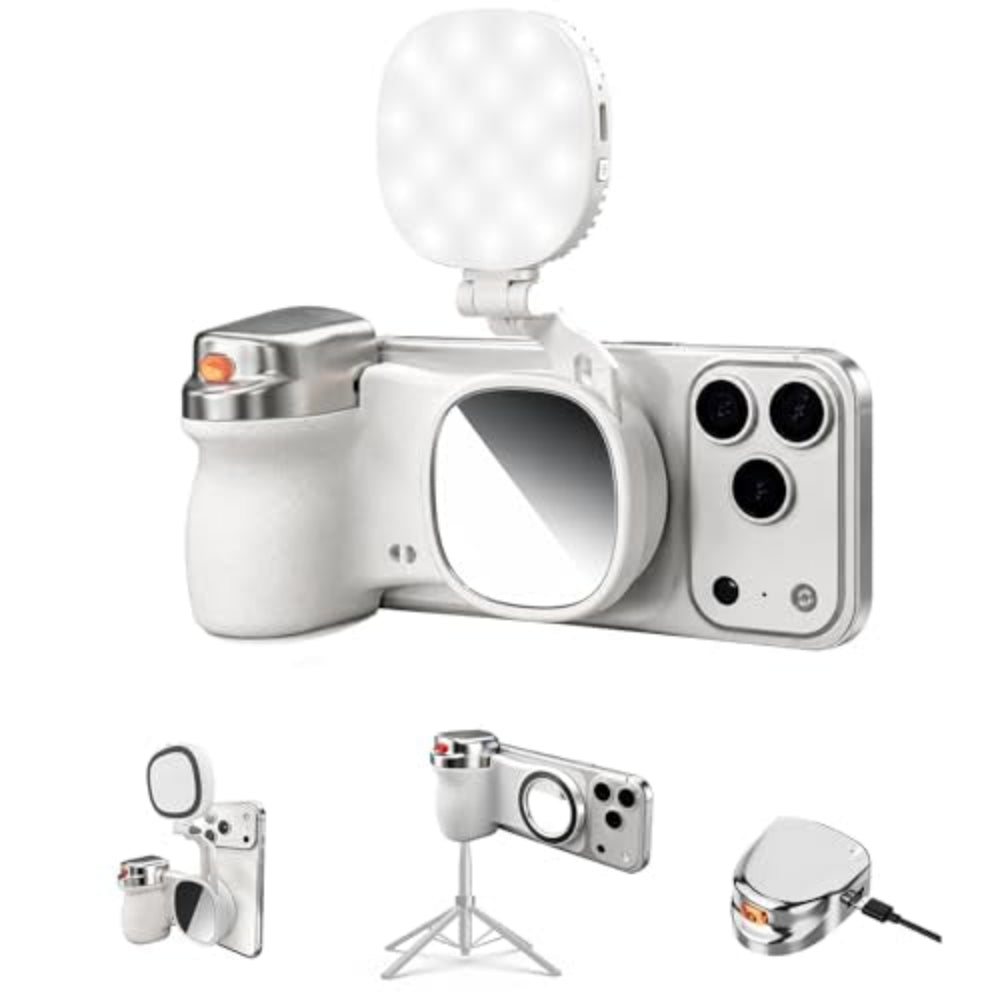 Smartphone with a ring light attachment on a white background