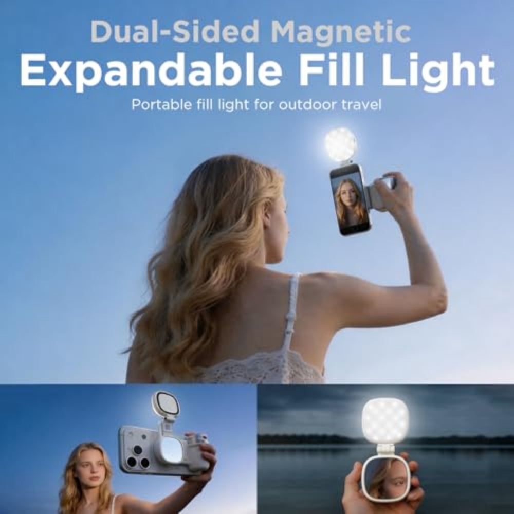 Portable fill light for outdoor travel with expandable design, held by a person against a blue sky.