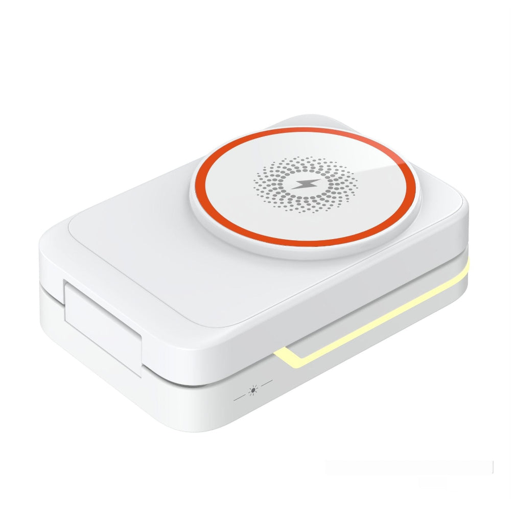 "Modern white electronic accessory with circular red control dial, premium tech product photography on white background."
