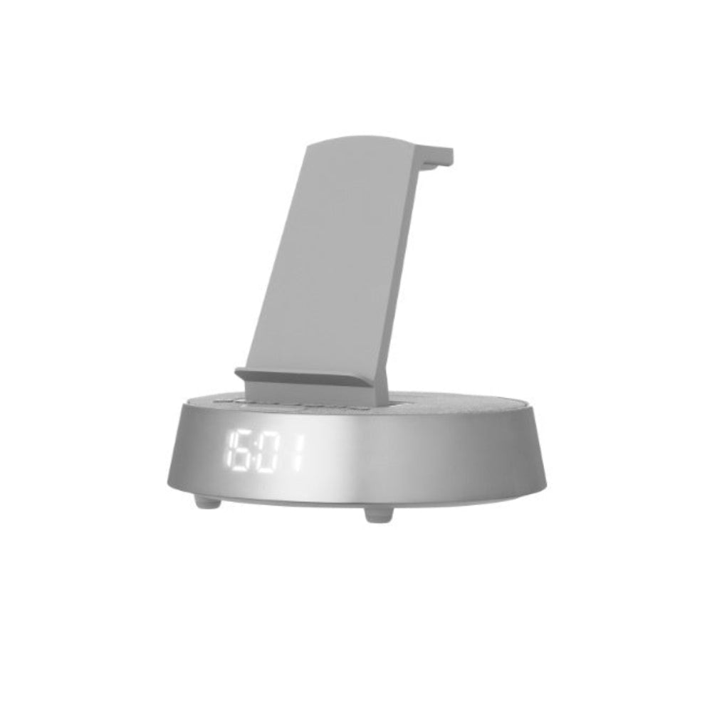 "Modern gray electronic device with a functional digital interface, high-tech minimalist design on a plain white background."