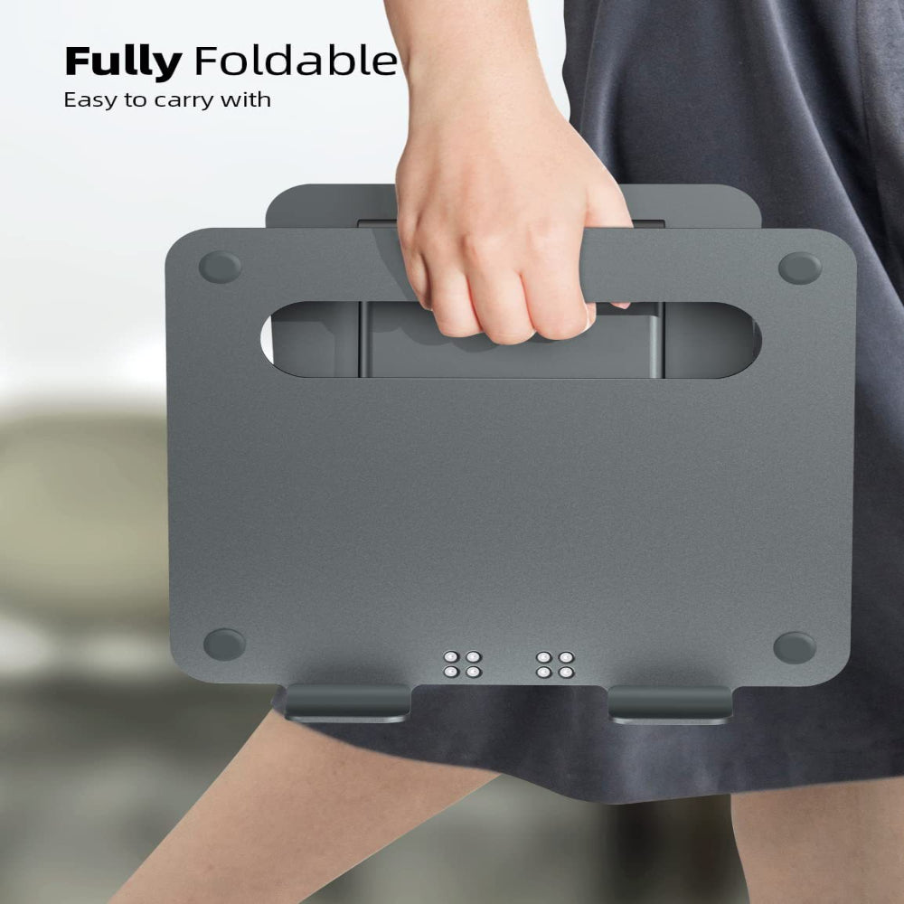 Person holding a fully foldable gray stand with text indicating it is easy to carry.