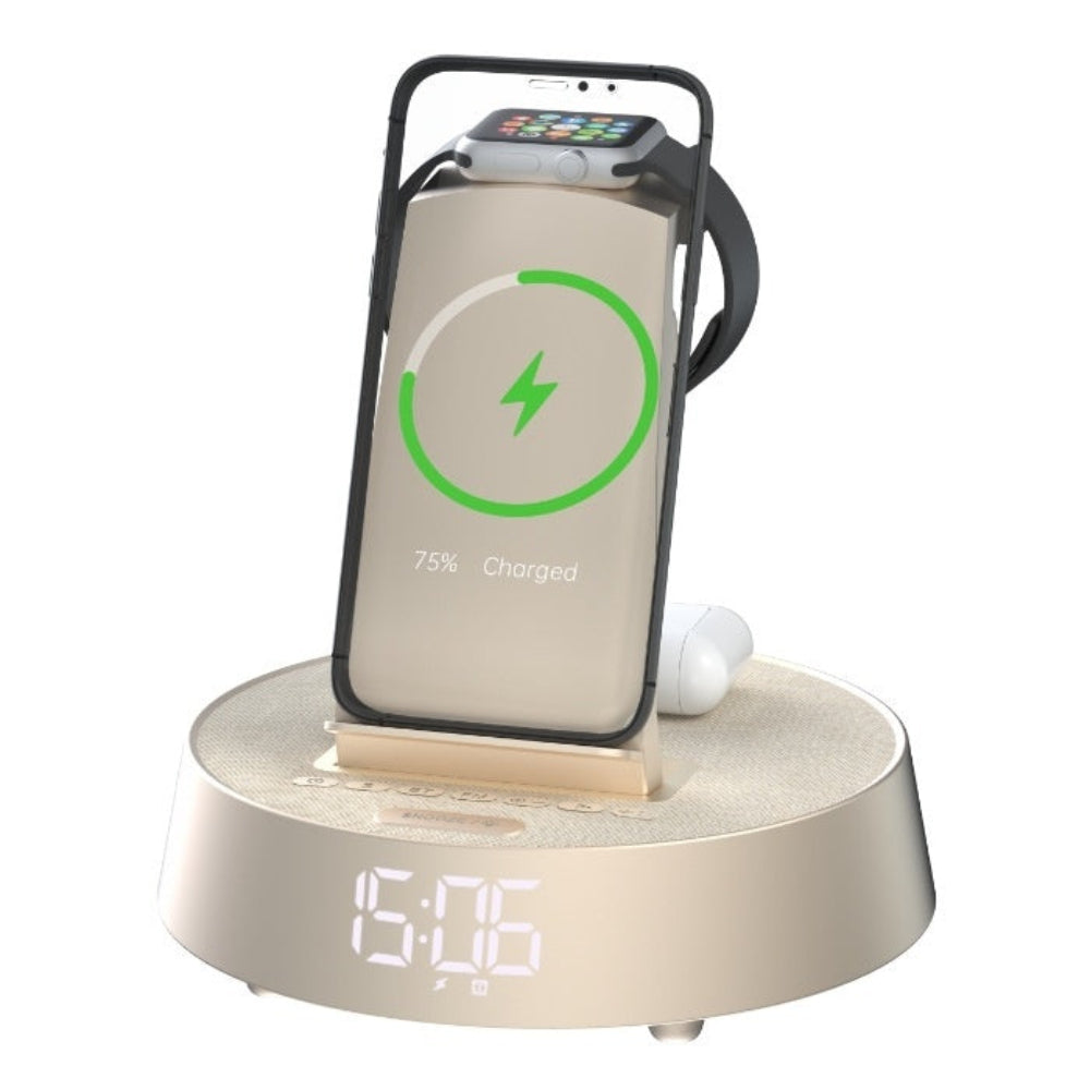 "All-in-one wired charging dock for multiple electronic devices, minimalist workspace organizer for headphones and gadgets, professional product photography."