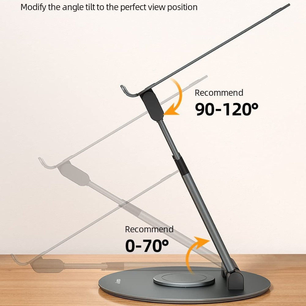 Adjustable monitor stand with angle tilt recommendations on a white background