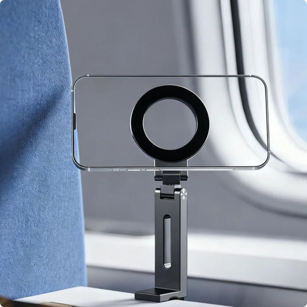 "A sleek phone stand integrated with a professional ring light, displayed against a soft blurred background to highlight the modern design."