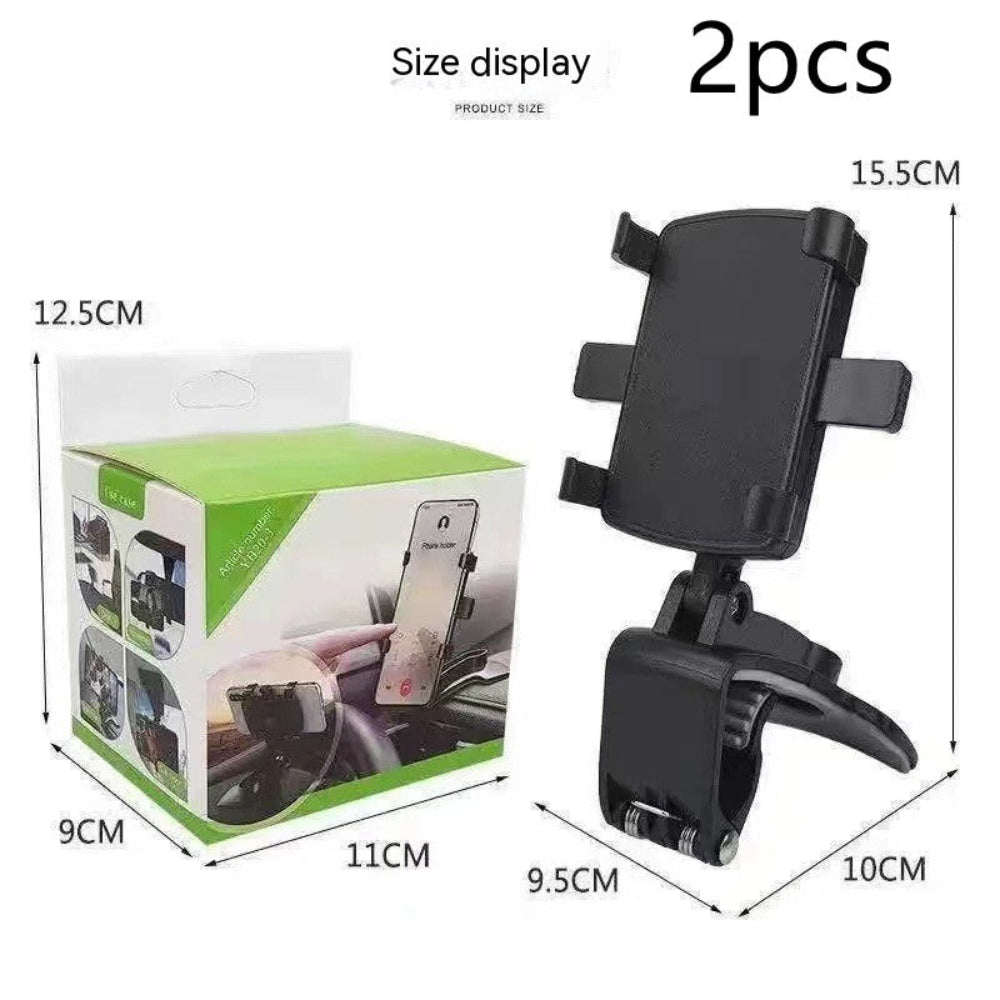 "Universal smartphone car mount with adjustable features, displayed alongside its box and detailed size specifications on a clean background."