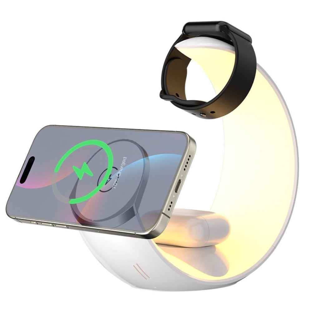 "A sleek 3-in-1 wireless charging station on a white background, simultaneously charging a smartphone, a smartwatch, and wireless earbuds for a clutter-free workspace."
