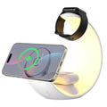 "A sleek 3-in-1 wireless charging station on a clean white background, simultaneously charging a smartphone, a smartwatch, and wireless earbuds to demonstrate an organized and clutter-free desk setup."