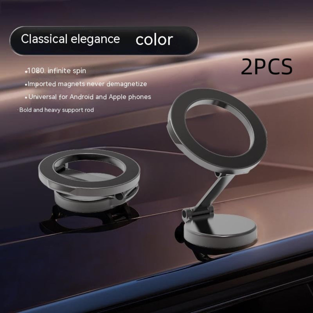 "An infographic showing two sleek phone holders mounted on a car window, with overlay text describing key features like magnetic strength and stable grip against a professional background."