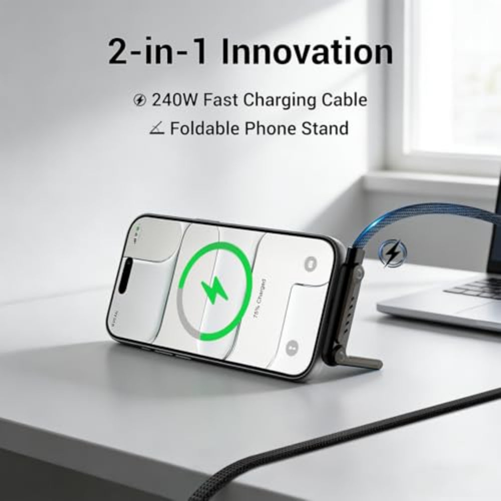 2-in-1 innovation product with fast charging cable and foldable phone stand on a desk.
