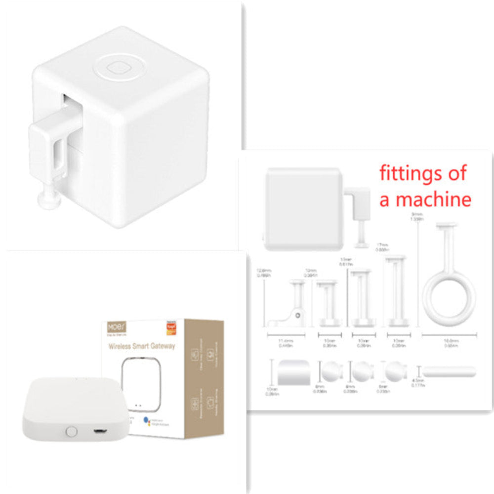 "A modern white electronic device shown with its retail packaging and a technical diagram, featuring a minimalist layout on a white background."