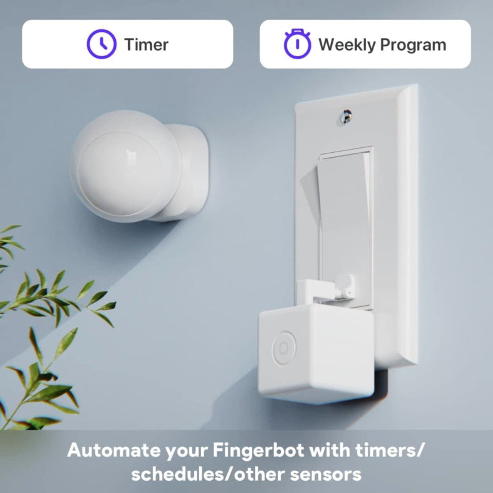 "A smart home device interface featuring 'Timer' and 'Weekly Program' control options, displayed against a minimalist light blue background."