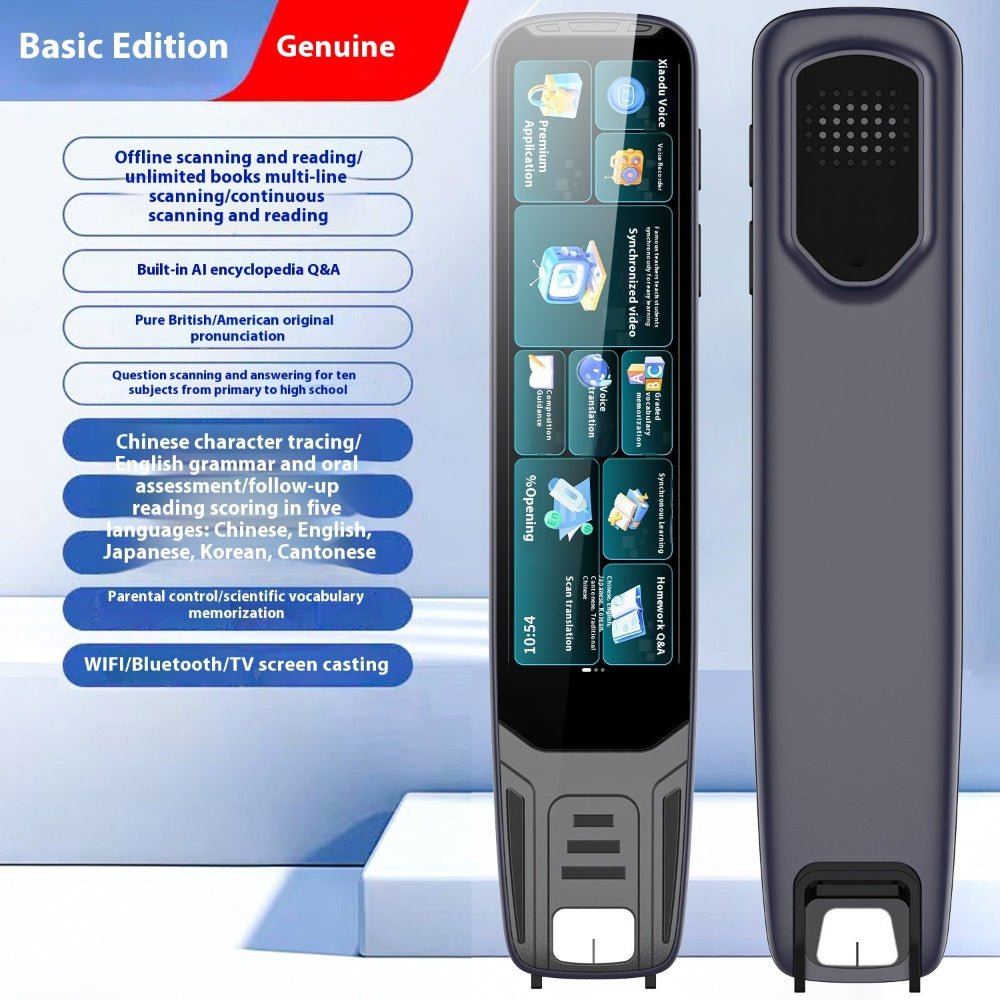 "Professional smart device with high-resolution screen showcasing AI features and specifications on a minimalist blue background."