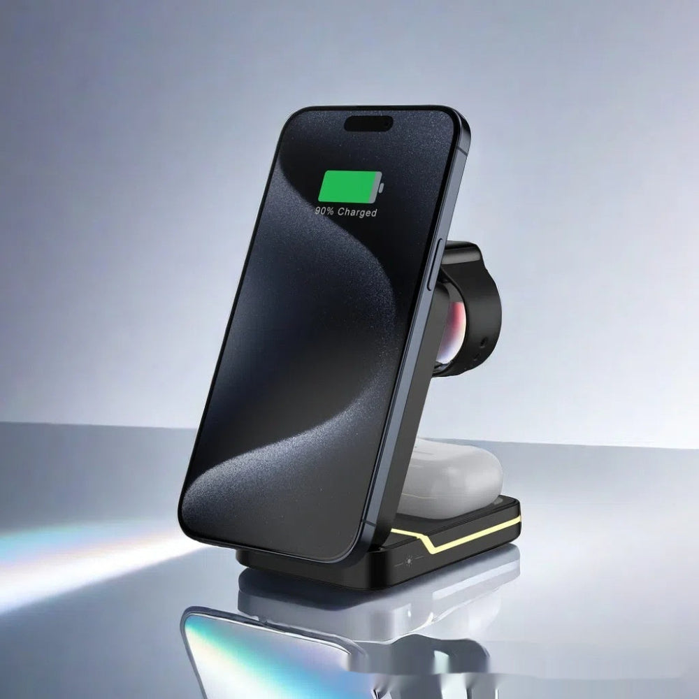 "Universal fast-charging wireless stand with smartphone, premium desktop charger on reflective glass surface."