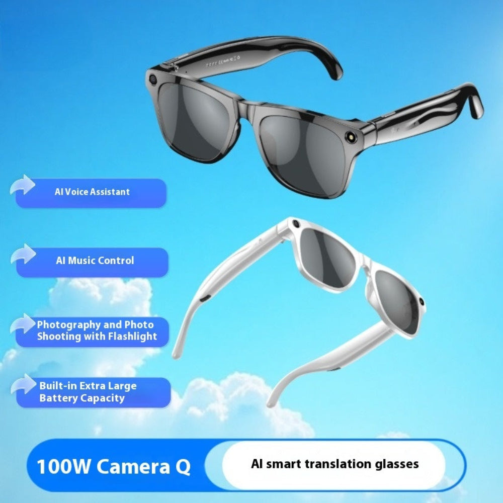 "Premium Bluetooth smart sunglasses for outdoor activities, sleek black frames with UV protection lenses on a vibrant blue sky backdrop."