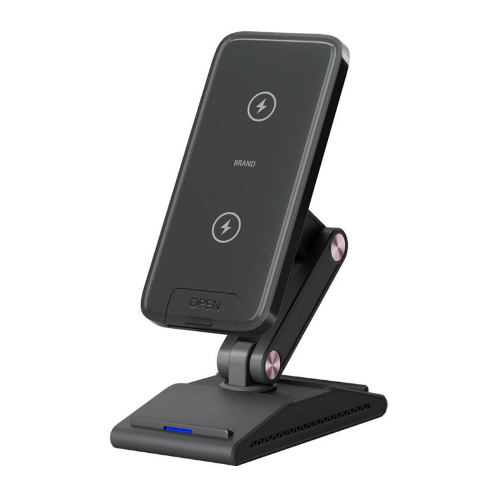 "Modern black multi-device wireless charging station for smartphone and accessories, isolated on a white background."