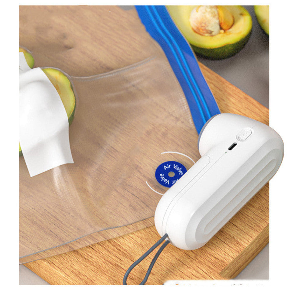"Modern compact air purifier in white, sitting on a wooden surface with a healthy kitchen setting in the background, showcasing clean air for home wellness."
