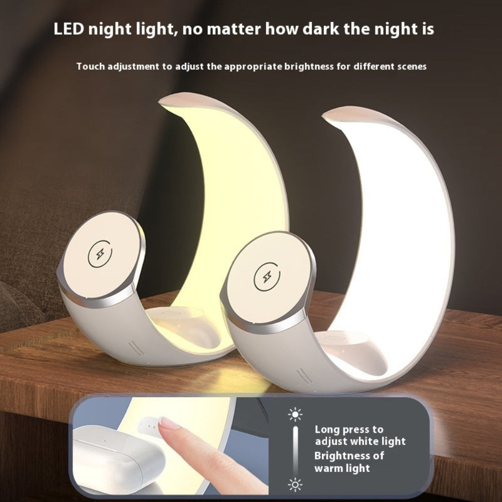 "Modern moon lamp with smart touch control functionality, displayed on a wooden bedside table, highlighting its decorative and functional lighting features."