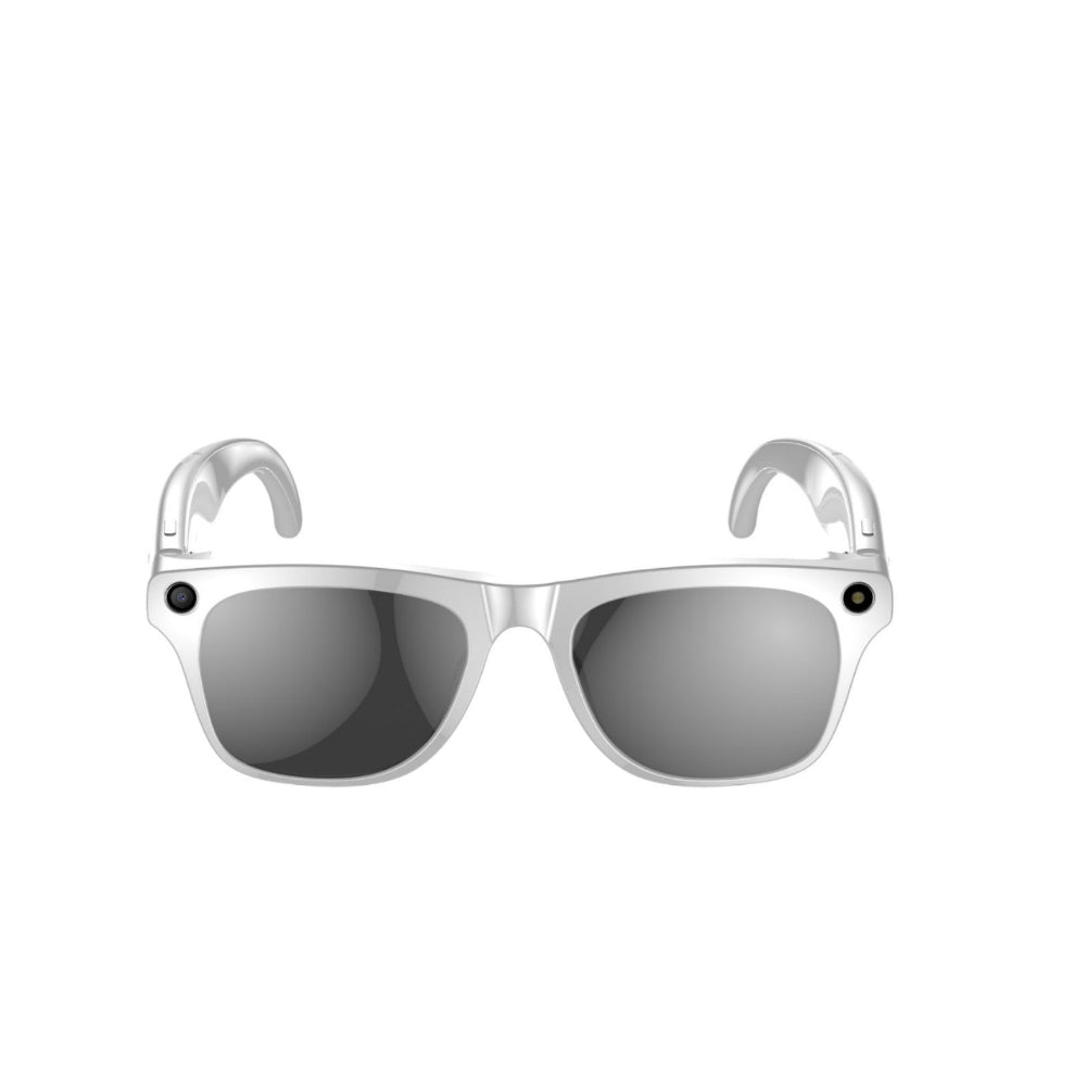 "Modern silver-frame sunglasses with reflective UV protection lenses, minimalist fashion accessory on a plain white background for product catalog."