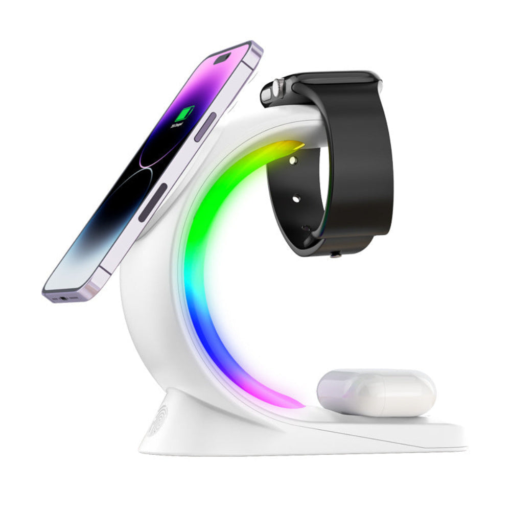 "Modern 3-in-1 wireless charging station on a white background, simultaneously charging a smartphone, a smartwatch, and a wireless mouse."