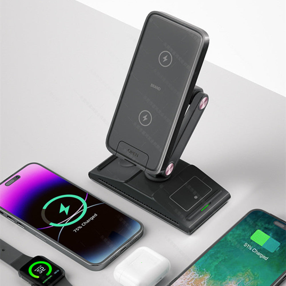 "White multi-device wireless charger on a light desk background featuring a smartphone, smartwatch, and charging case."