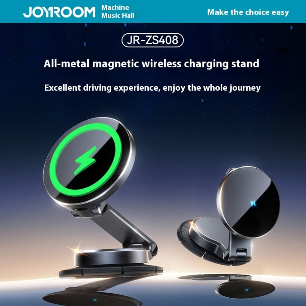 "JOYROOM metal magnetic charging stand on a dark blue gradient background."