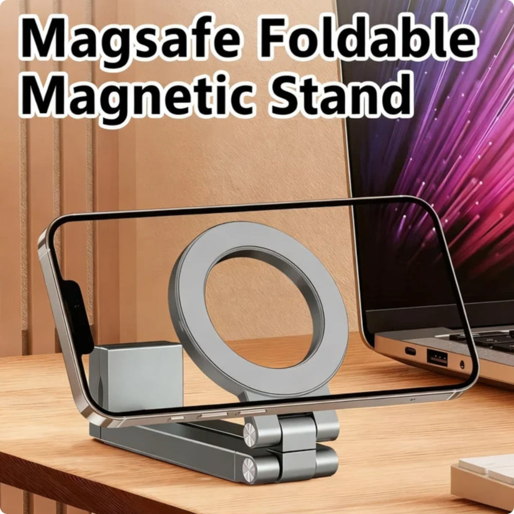 "A sleek Magsafe foldable magnetic stand holding a smartphone in portrait mode, placed on a warm wooden surface to showcase a modern desk setup."