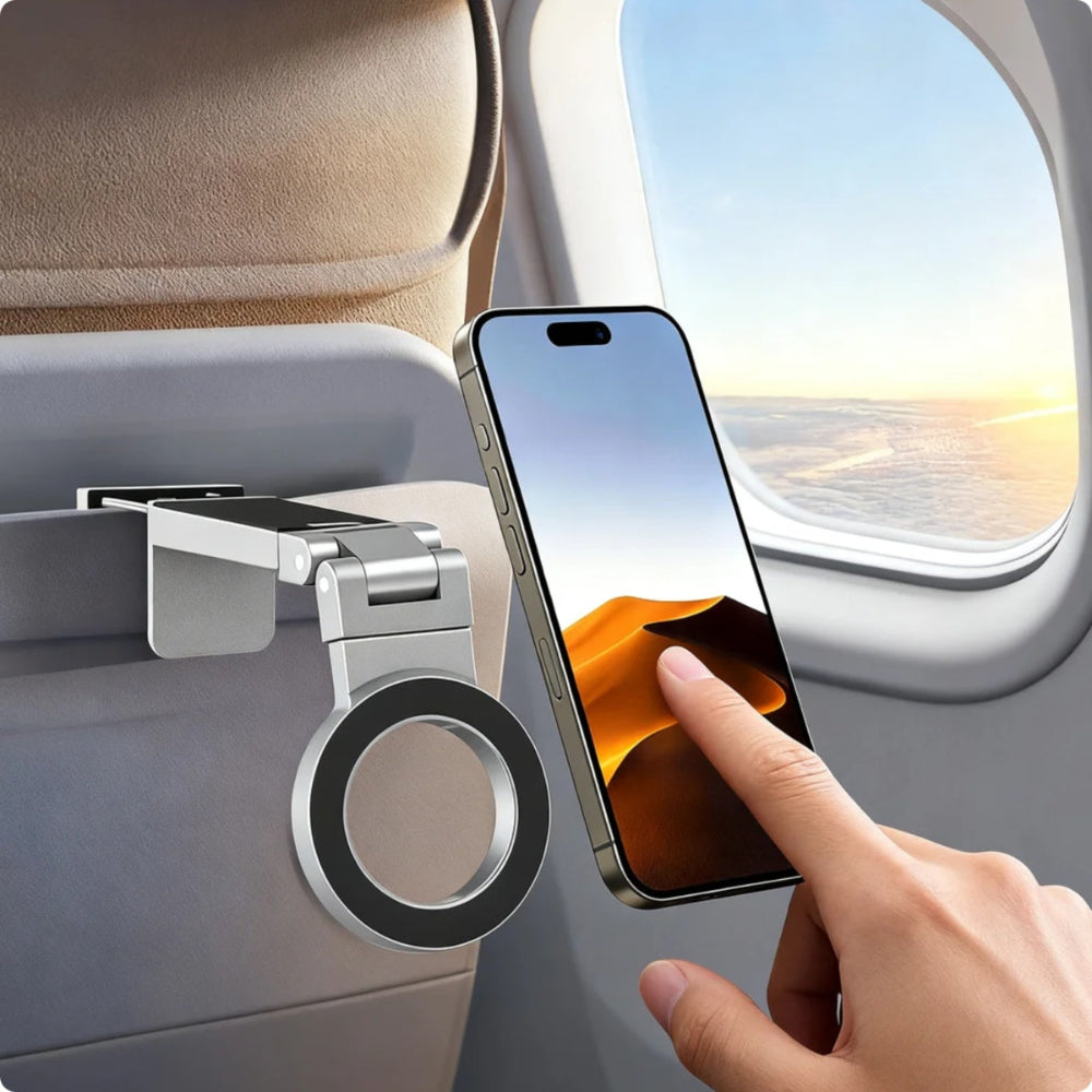 "Backseat car phone mount attached to a headrest, shown with a person holding a smartphone to demonstrate ease of use during travel and long drives."