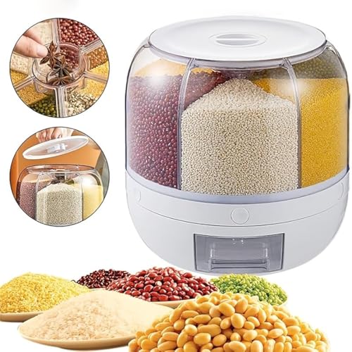 6-Grid Rotating Grain Storage Bin & Rice Dispenser | Large Capacity Moisture-Proof Food Organizer