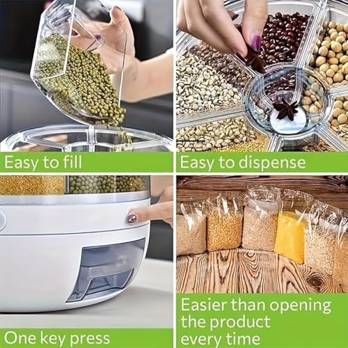 6-Grid Rotating Grain Storage Bin & Rice Dispenser | Large Capacity Moisture-Proof Food Organizer