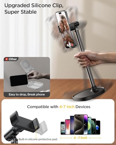 DIMONCOAT Ergonomic Aluminum Phone Stand – Height & Angle Adjustable Desktop Holder for iPhone 17, 16, 15 Pro Max, Samsung Galaxy S26, Ultra & Tablets